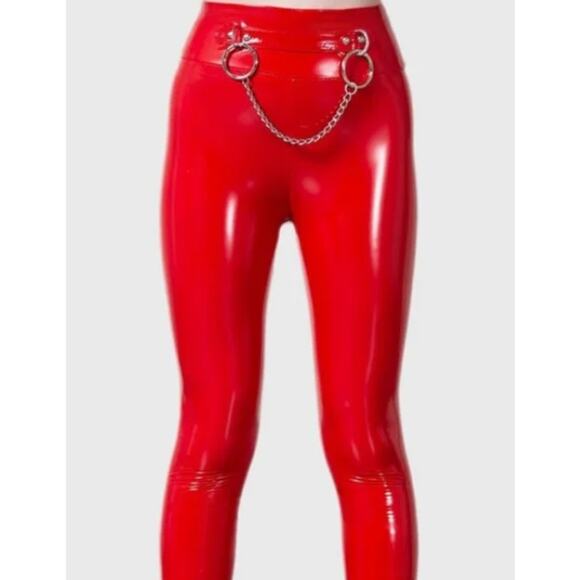 New KILLSTAR Bat B*tch Faux Patent Leather Leggings XS Shiny Red Goth Punk Rock - Picture 1 of 8